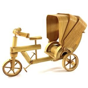 Vintage Handcrafted Bamboo Rickshaw Tricycle Figurine 8” Decor – Wheel Defect